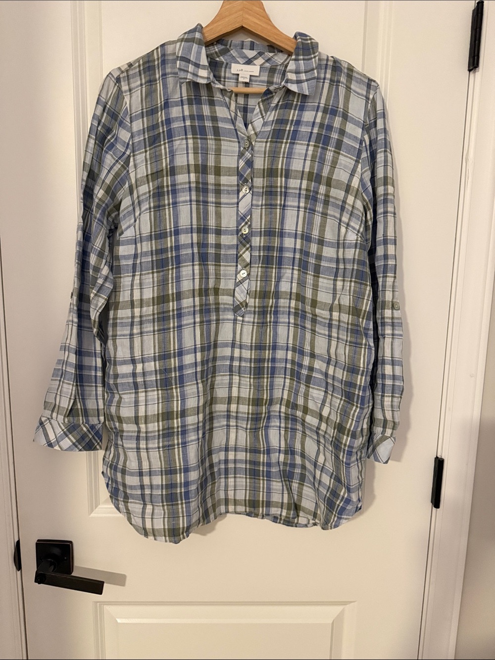 J Jill Casual Plaid Button Pullover Shirt - Blue & Green